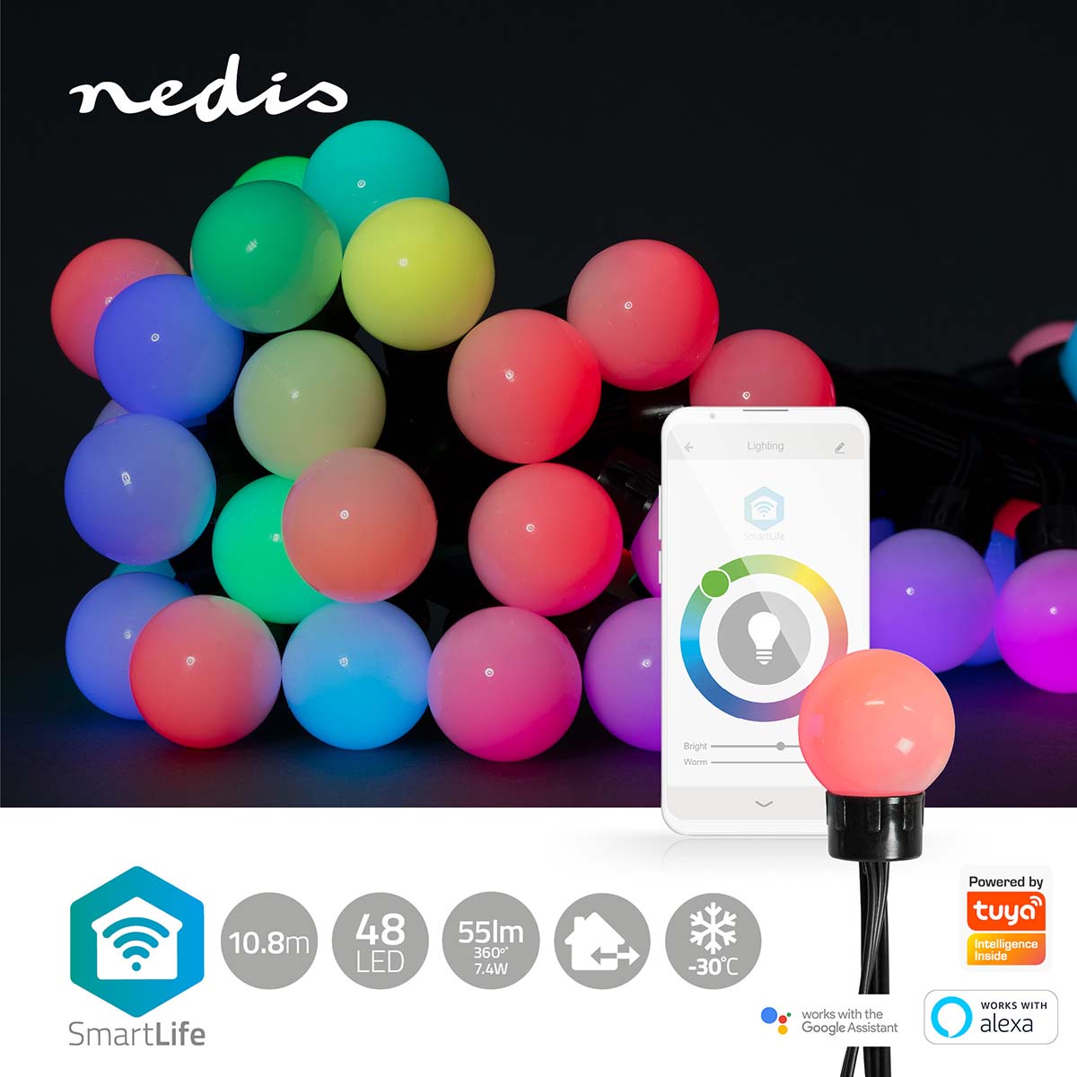 SmartLife Weihnachtsbeleuchtung | Party-Lichter | Wi-Fi | RGB | 48 LED's | 10.8 m | Android™ / IOS | Lampendurchmesser: 30 mm