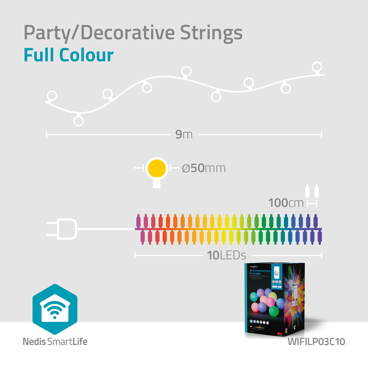 SmartLife Weihnachtsbeleuchtung | Party-Lichter | Wi-Fi | RGB | 10 LED's | 9.00 m | Android™ / IOS | Lampendurchmesser: 50 mm