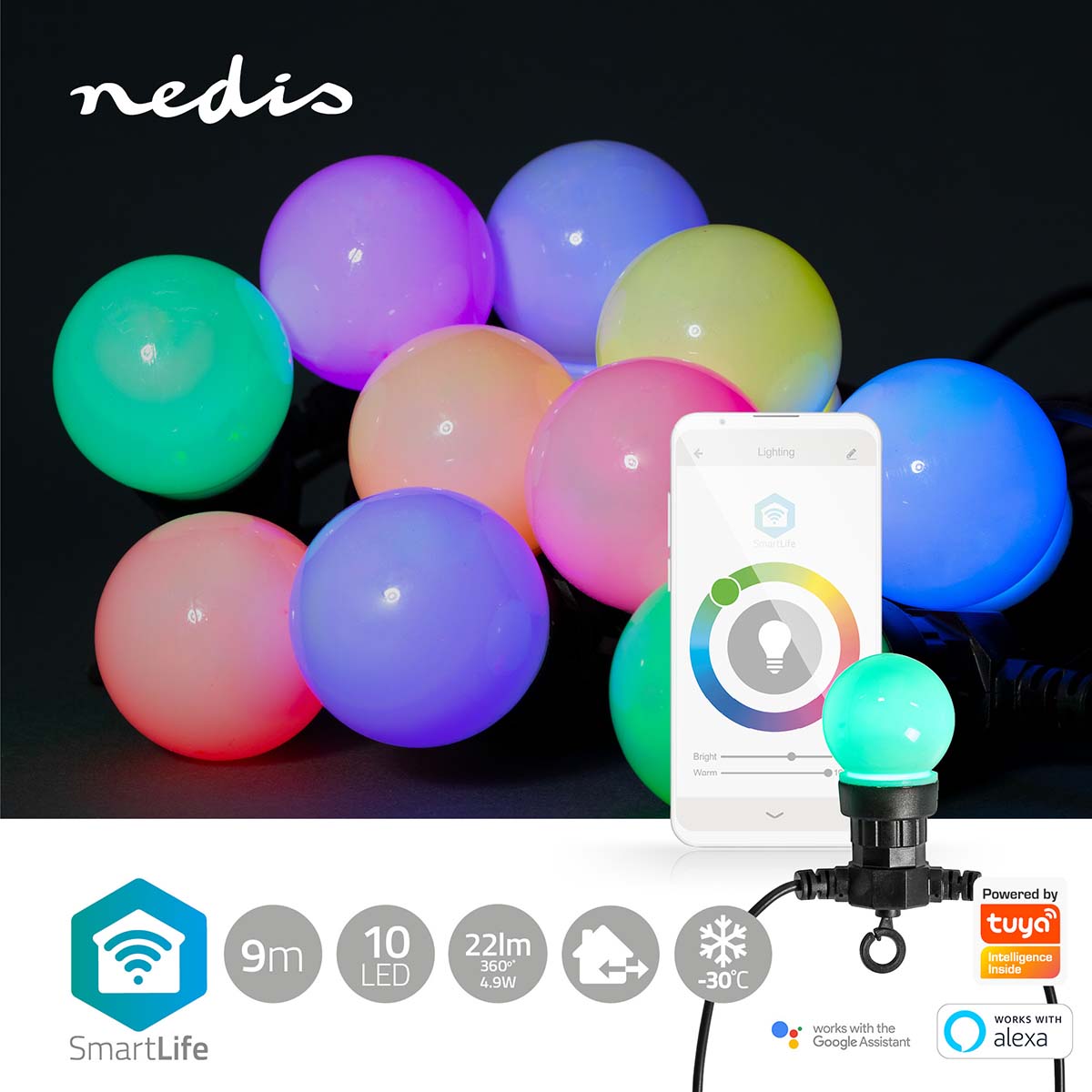 SmartLife Weihnachtsbeleuchtung | Party-Lichter | Wi-Fi | RGB | 10 LED's | 9.00 m | Android™ / IOS | Lampendurchmesser: 50 mm