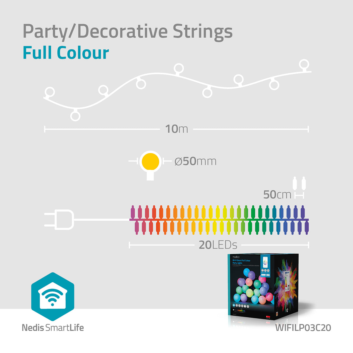 SmartLife Weihnachtsbeleuchtung | Party-Lichter | Wi-Fi | RGB | 20 LED's | 10 m | Android™ / IOS | Lampendurchmesser: 50 mm