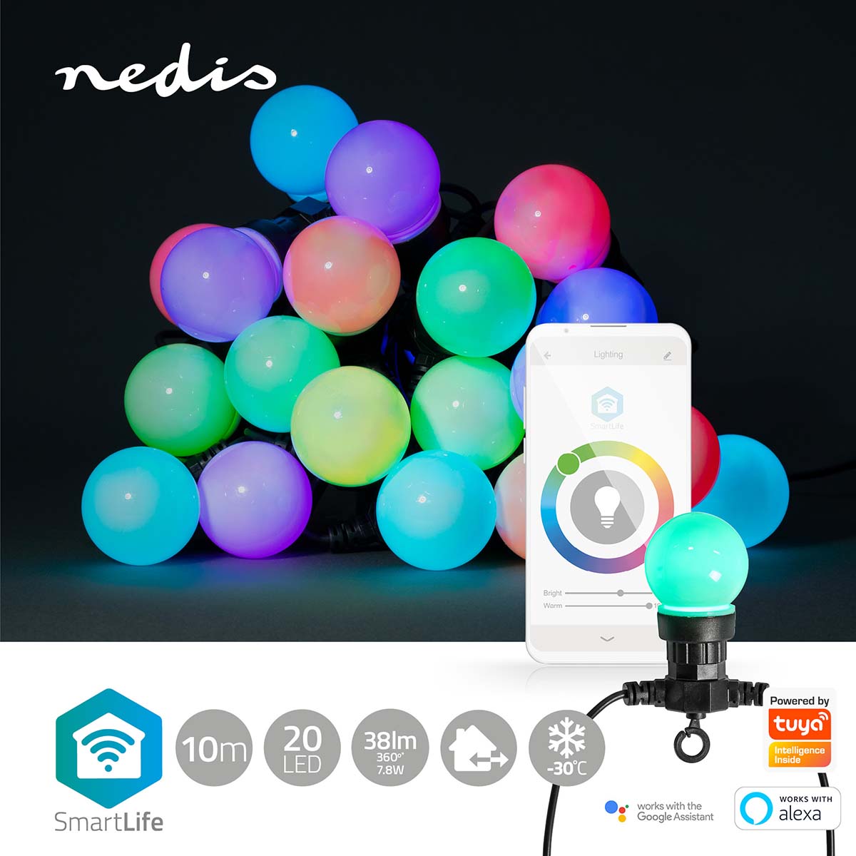 SmartLife Weihnachtsbeleuchtung | Party-Lichter | Wi-Fi | RGB | 20 LED's | 10 m | Android™ / IOS | Lampendurchmesser: 50 mm