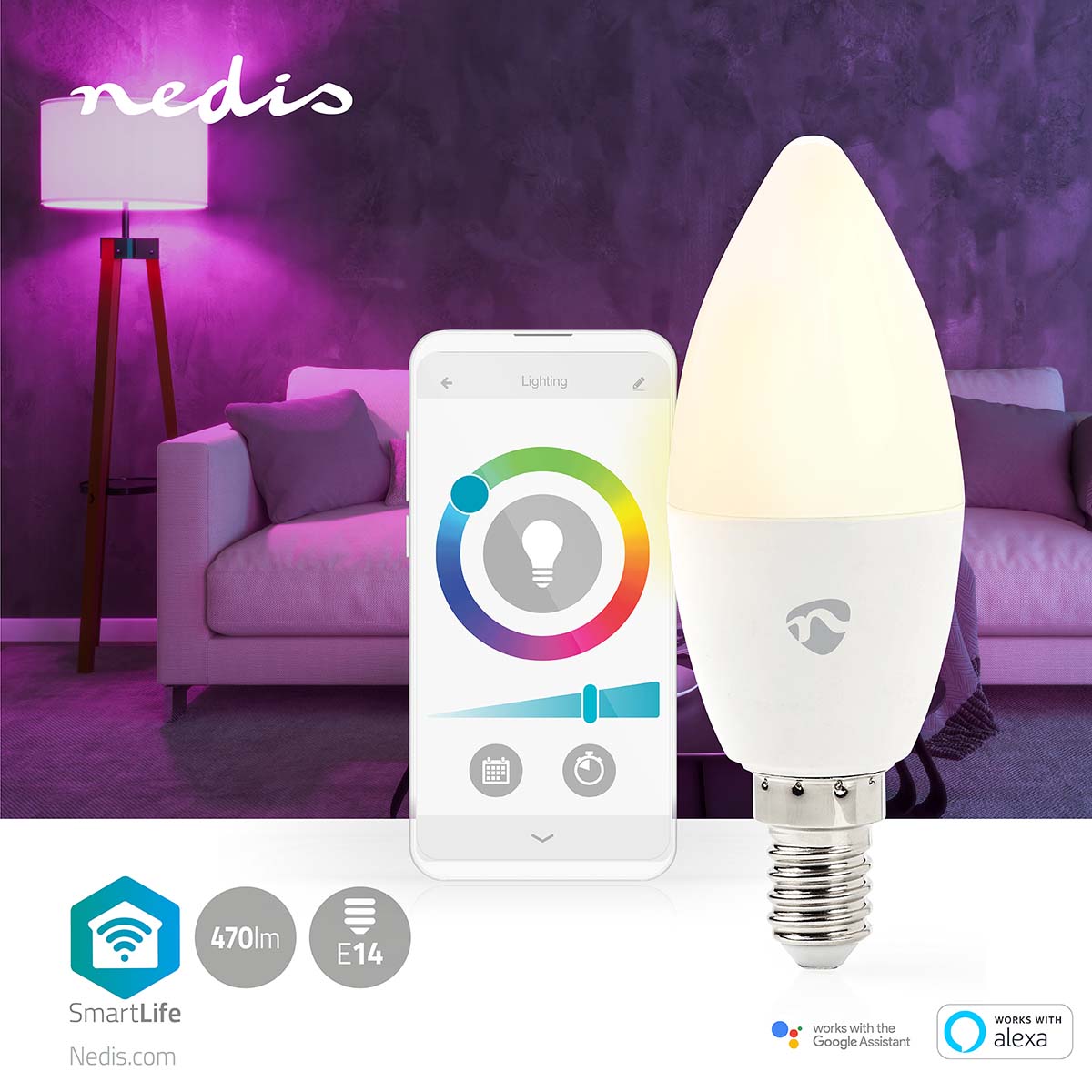 SmartLife Vollfärbige LED-Lampe | Wi-Fi | E14 | 470 lm | 4.9 W | RGB / Warm bis kühlen weiß | 2700 - 6500 K | Android™ / IOS | Kerze | 1 Stück