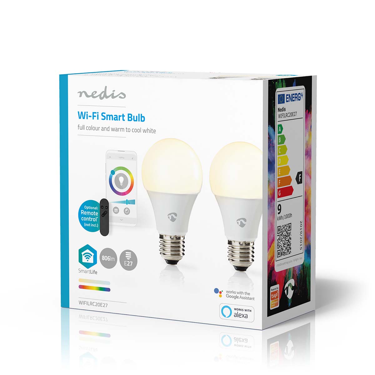 SmartLife Vollfärbige LED-Lampe | Wi-Fi | E27 | 806 lm | 9 W | RGB / Warm bis kühlen weiß | 2700 - 6500 K | Android™ / IOS | Birne | 2 Stück