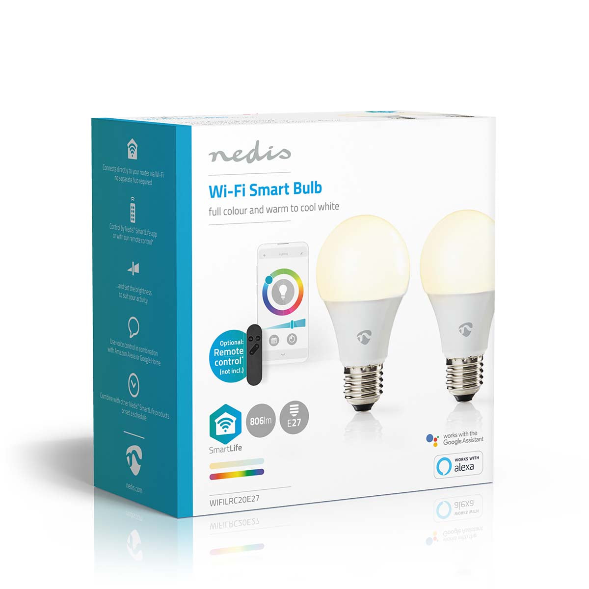 SmartLife Vollfärbige LED-Lampe | Wi-Fi | E27 | 806 lm | 9 W | RGB / Warm bis kühlen weiß | 2700 - 6500 K | Android™ / IOS | Birne | 2 Stück