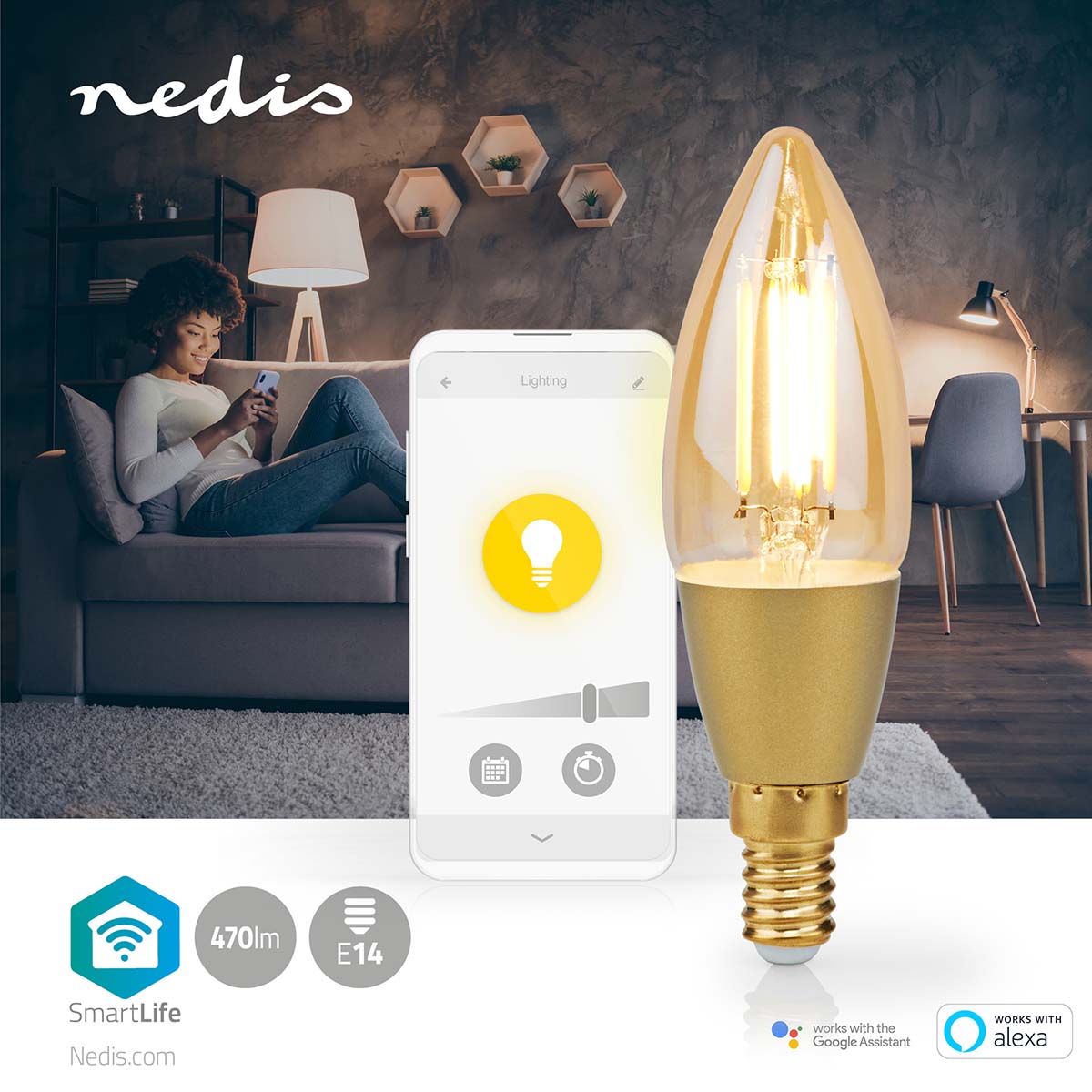 SmartLife LED Filament Lampe | Wi-Fi | E14 | 470 lm | 4.9 W | Warmweiss | 1800 - 3000 K | Glas | Android™ / IOS | Kerze | 1 Stück