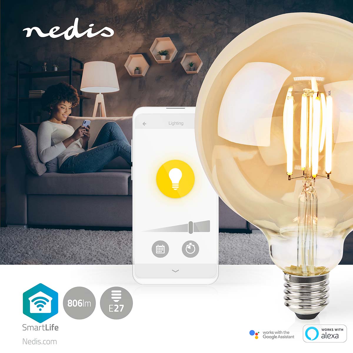 SmartLife LED Filament Lampe | Wi-Fi | E27 | 806 lm | 7 W | Warmweiss | 1800 - 3000 K | Glas | Android™ / IOS | Globe | 1 Stück