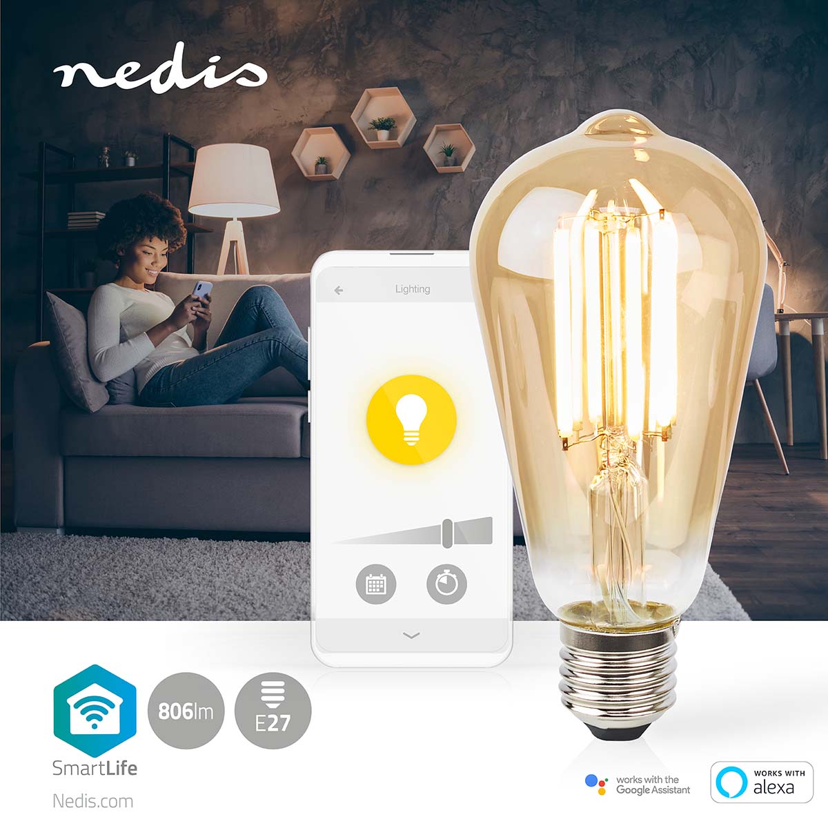 SmartLife LED Filament Lampe | Wi-Fi | E27 | 806 lm | 7 W | Warmweiss | 1800 - 3000 K | Glas | Android™ / IOS | ST64 | 1 Stück