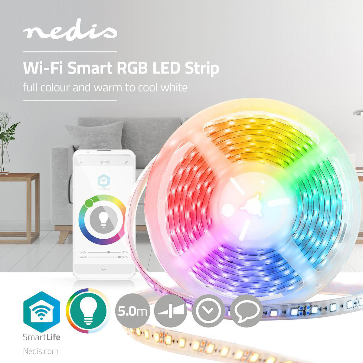 SmartLife LED-Streifen | Wi-Fi | Kaltweiss / RGB / Warmweiss | SMD | 5.00 m | IP44 | 2700 - 6500 K | 960 lm | Android™ / IOS