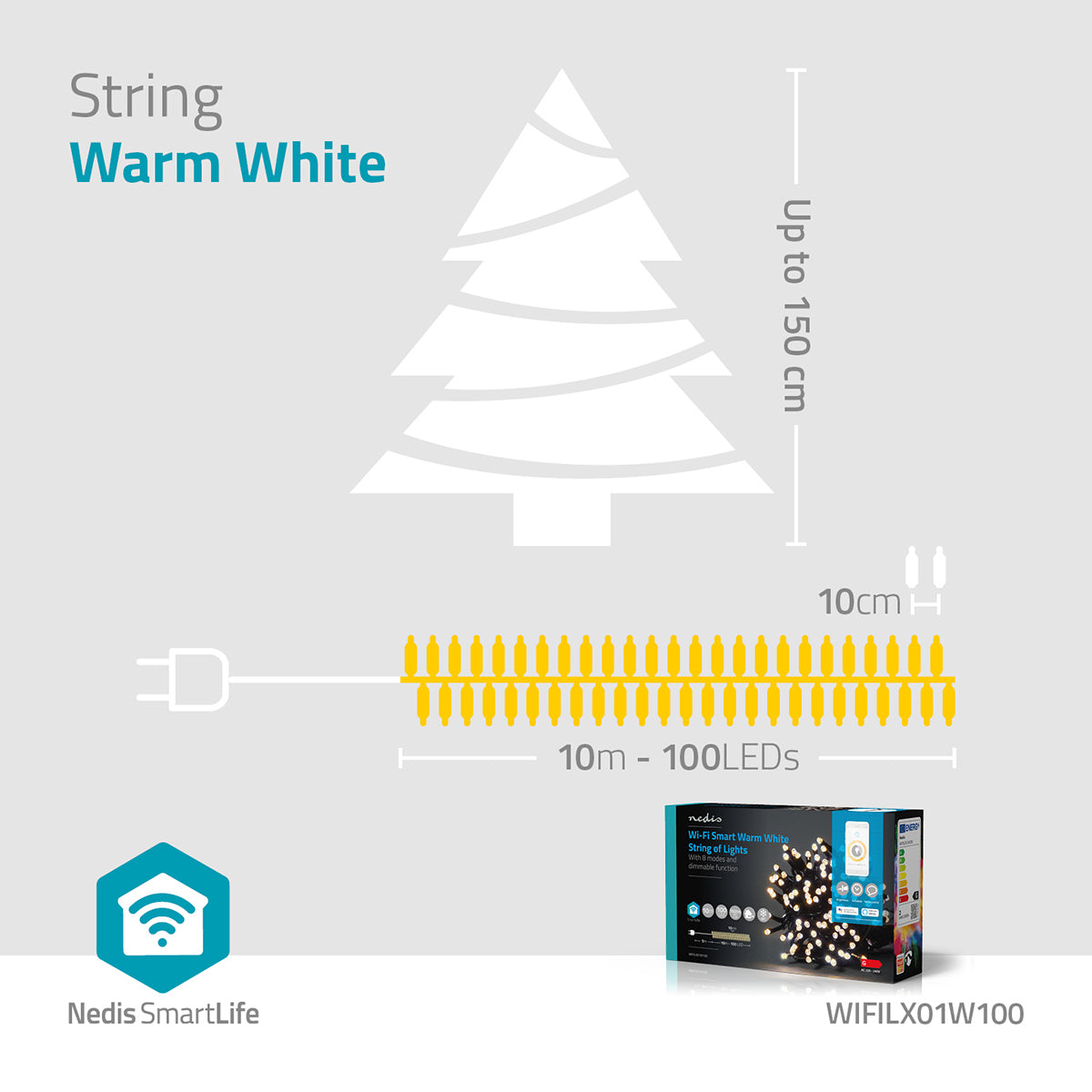 SmartLife Weihnachtsbeleuchtung | Schnur | Wi-Fi | Warmweiss | 100 LED's | 10.0 m | Android™ / IOS