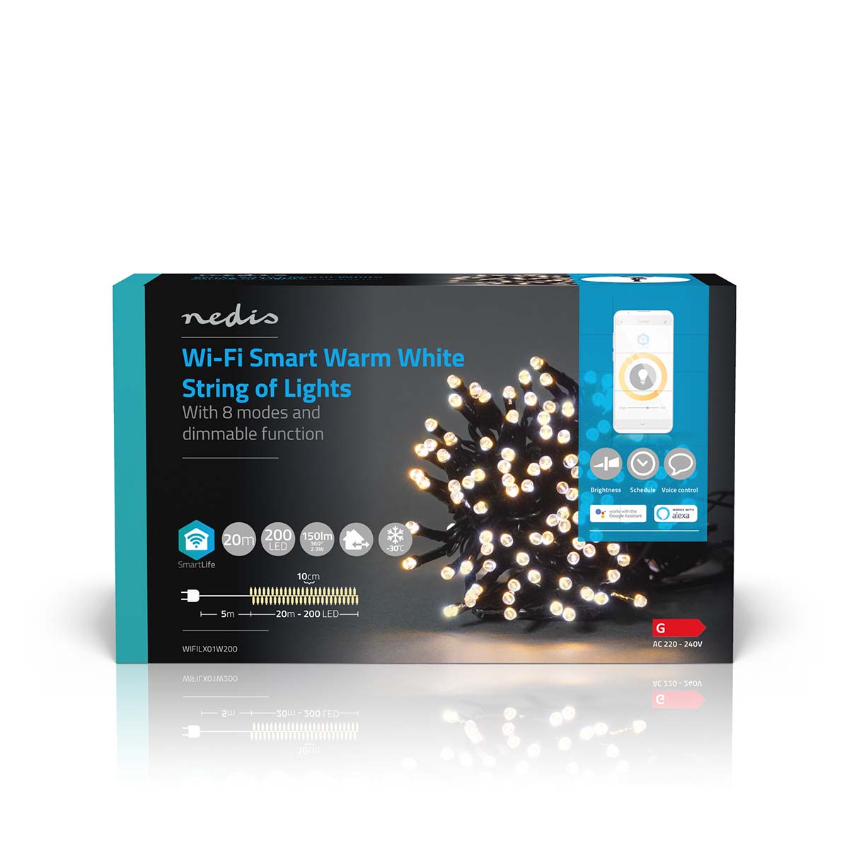 NEDIS WIFILX01W200, SmartLife Dekorative LED, Schnur, Wi-Fi, Warmweiss, 200 LEDs, 20.0 m