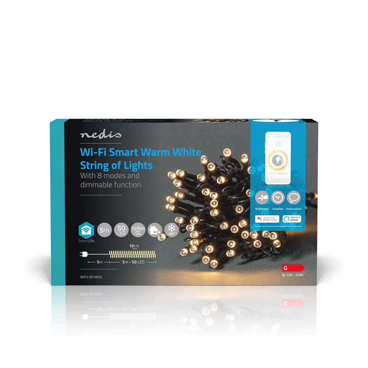 SmartLife Weihnachtsbeleuchtung | Schnur | Wi-Fi | Warmweiss | 50 LED's | 5.00 m | Android™ / IOS