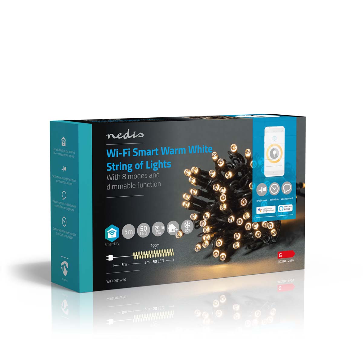 SmartLife Weihnachtsbeleuchtung | Schnur | Wi-Fi | Warmweiss | 50 LED's | 5.00 m | Android™ / IOS