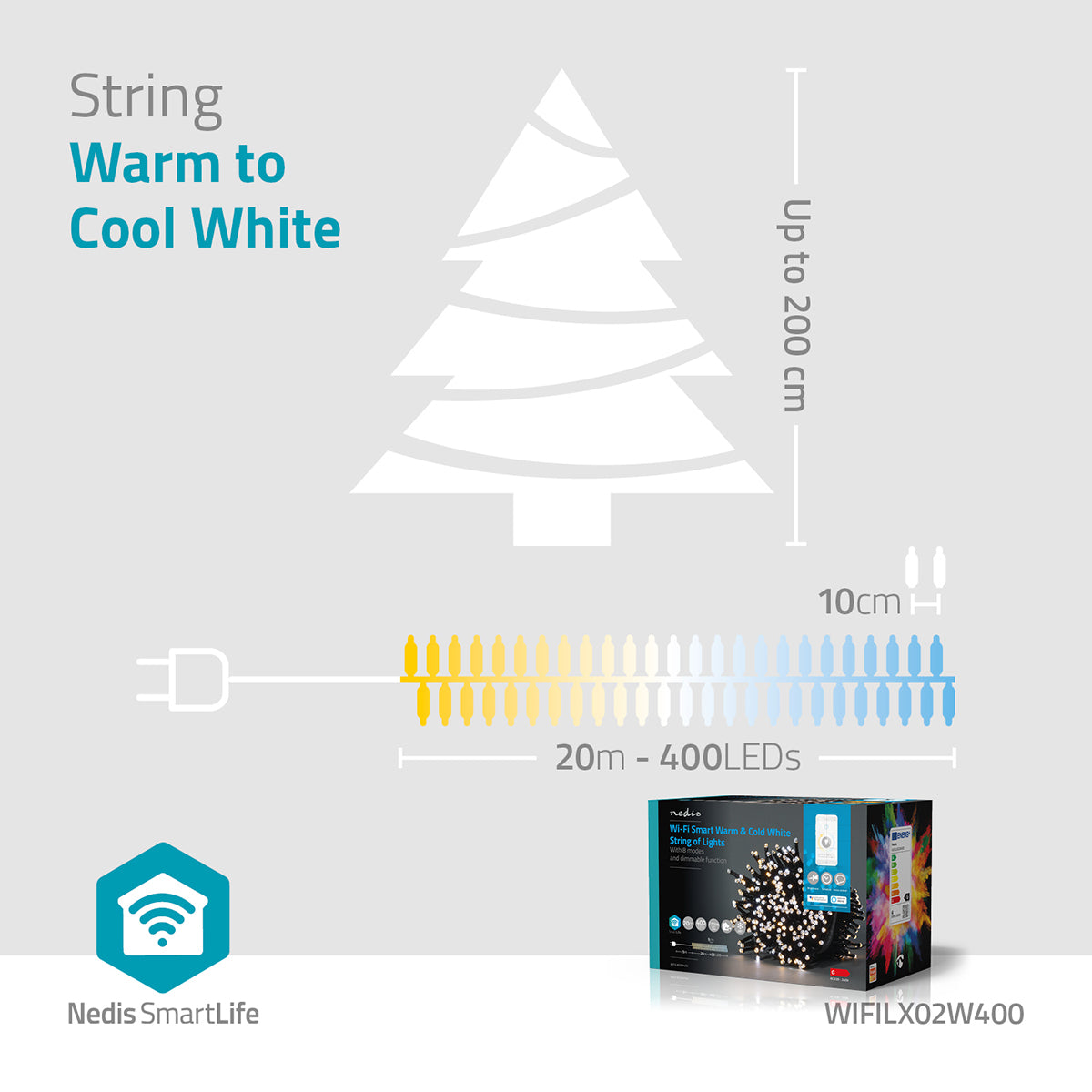 SmartLife Weihnachtsbeleuchtung | Schnur | Wi-Fi | Warm bis kühlen weiß | 400 LED's | 20.0 m | Android™ / IOS