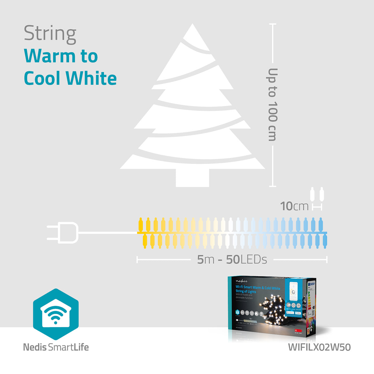 SmartLife Weihnachtsbeleuchtung | Schnur | Wi-Fi | Warm bis kühlen weiß | 50 LED's | 5.00 m | Android™ / IOS