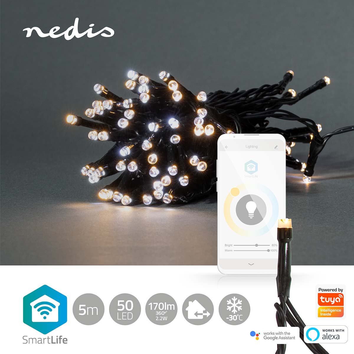 SmartLife Weihnachtsbeleuchtung | Schnur | Wi-Fi | Warm bis kühlen weiß | 50 LED's | 5.00 m | Android™ / IOS