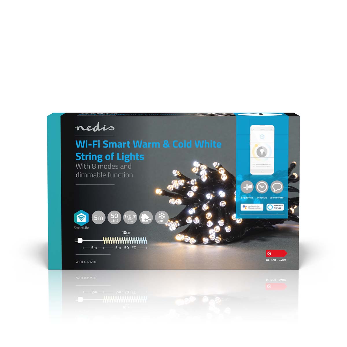 SmartLife Weihnachtsbeleuchtung | Schnur | Wi-Fi | Warm bis kühlen weiß | 50 LED's | 5.00 m | Android™ / IOS