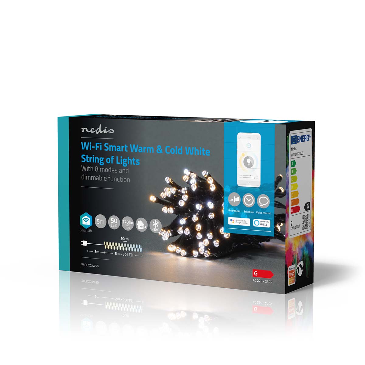 SmartLife Weihnachtsbeleuchtung | Schnur | Wi-Fi | Warm bis kühlen weiß | 50 LED's | 5.00 m | Android™ / IOS