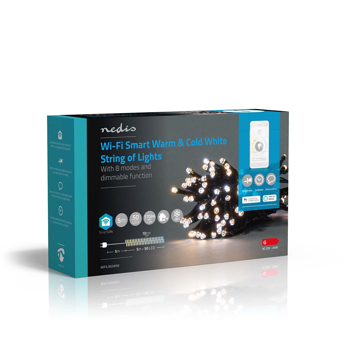 SmartLife Weihnachtsbeleuchtung | Schnur | Wi-Fi | Warm bis kühlen weiß | 50 LED's | 5.00 m | Android™ / IOS