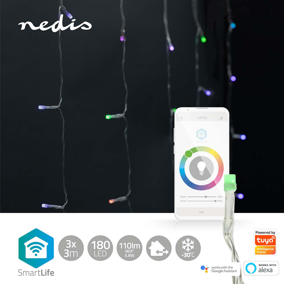 SmartLife Weihnachtsbeleuchtung | Vorhang | Wi-Fi | RGB | 180 LED's | 3 m | Android™ / IOS