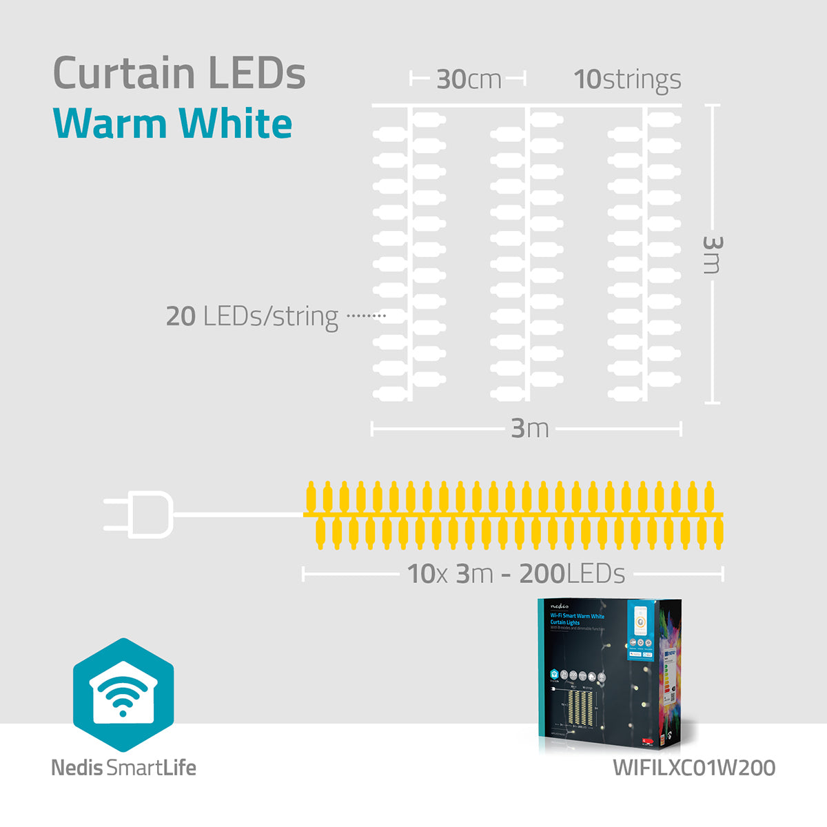 SmartLife Weihnachtsbeleuchtung | Vorhang | Wi-Fi | Warmweiss | 200 LED's | 3.00 m | Android™ / IOS