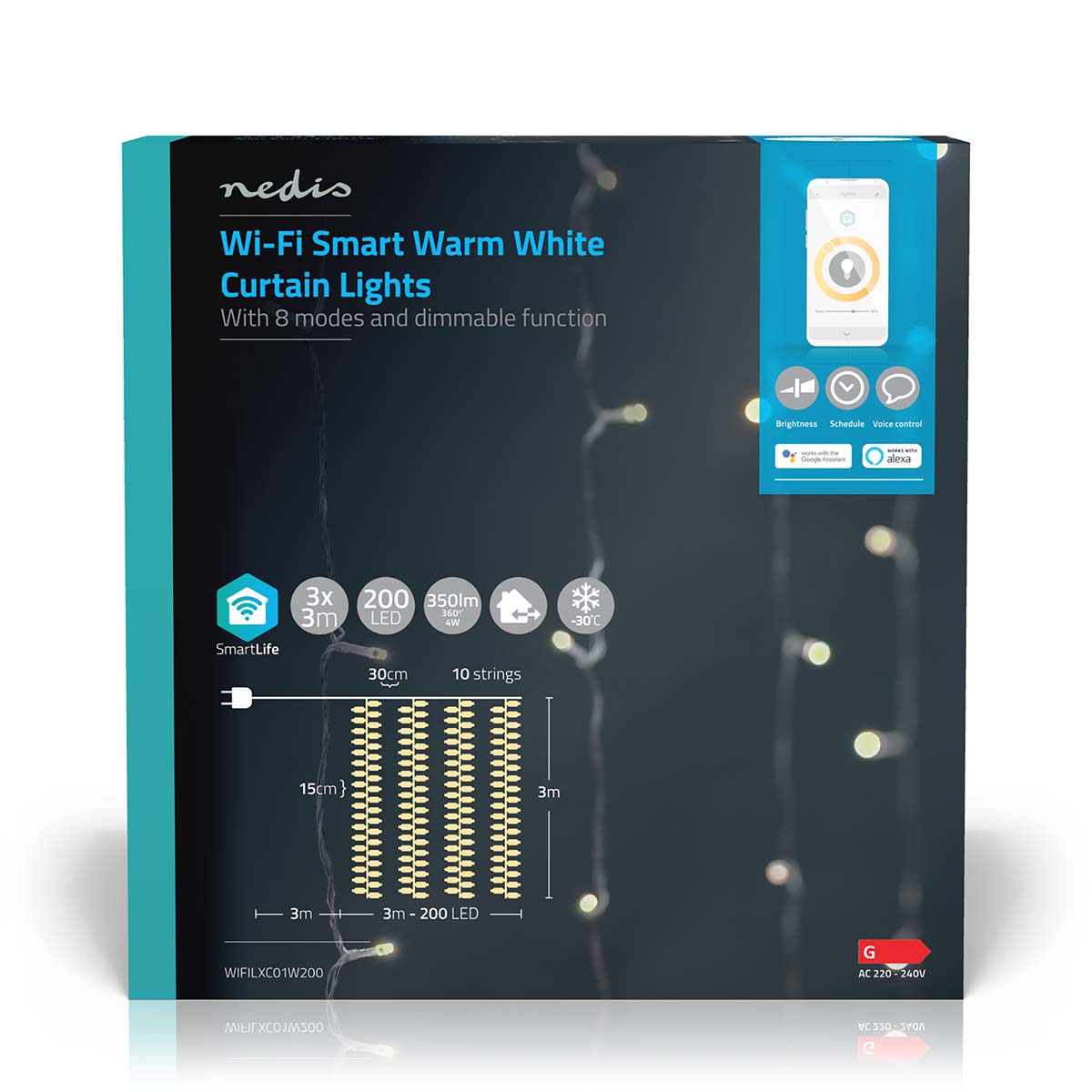 SmartLife Weihnachtsbeleuchtung | Vorhang | Wi-Fi | Warmweiss | 200 LED's | 3.00 m | Android™ / IOS