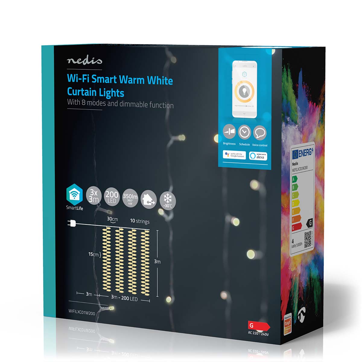 SmartLife Weihnachtsbeleuchtung | Vorhang | Wi-Fi | Warmweiss | 200 LED's | 3.00 m | Android™ / IOS