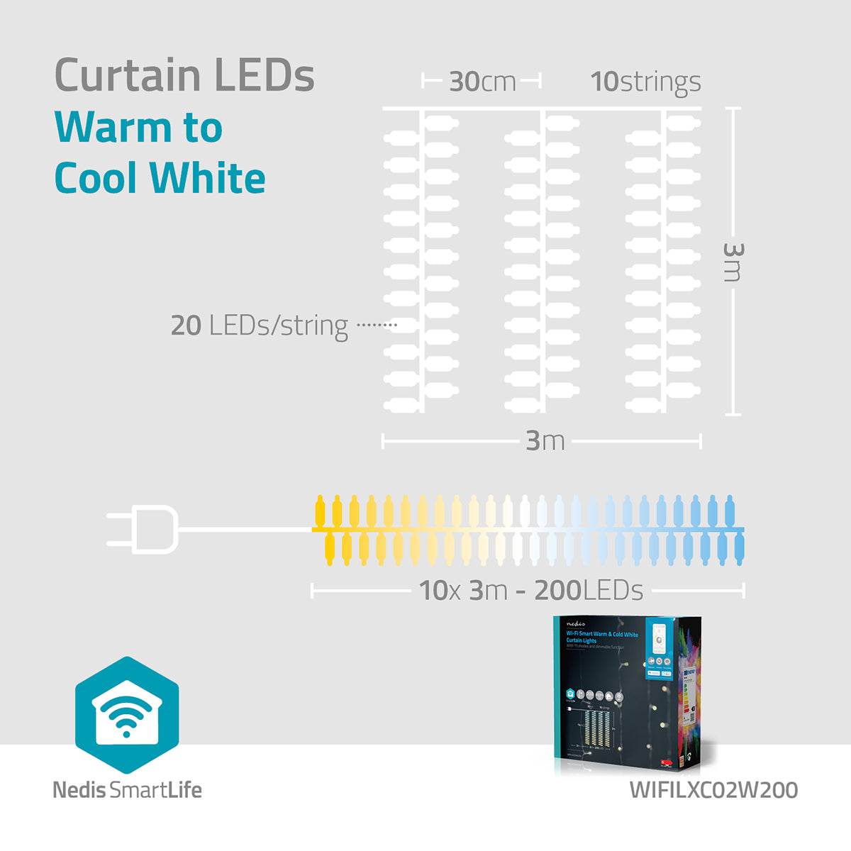 SmartLife Weihnachtsbeleuchtung | Vorhang | Wi-Fi | Warm bis kühlen weiß | 200 LED's | 3 m | Android™ / IOS