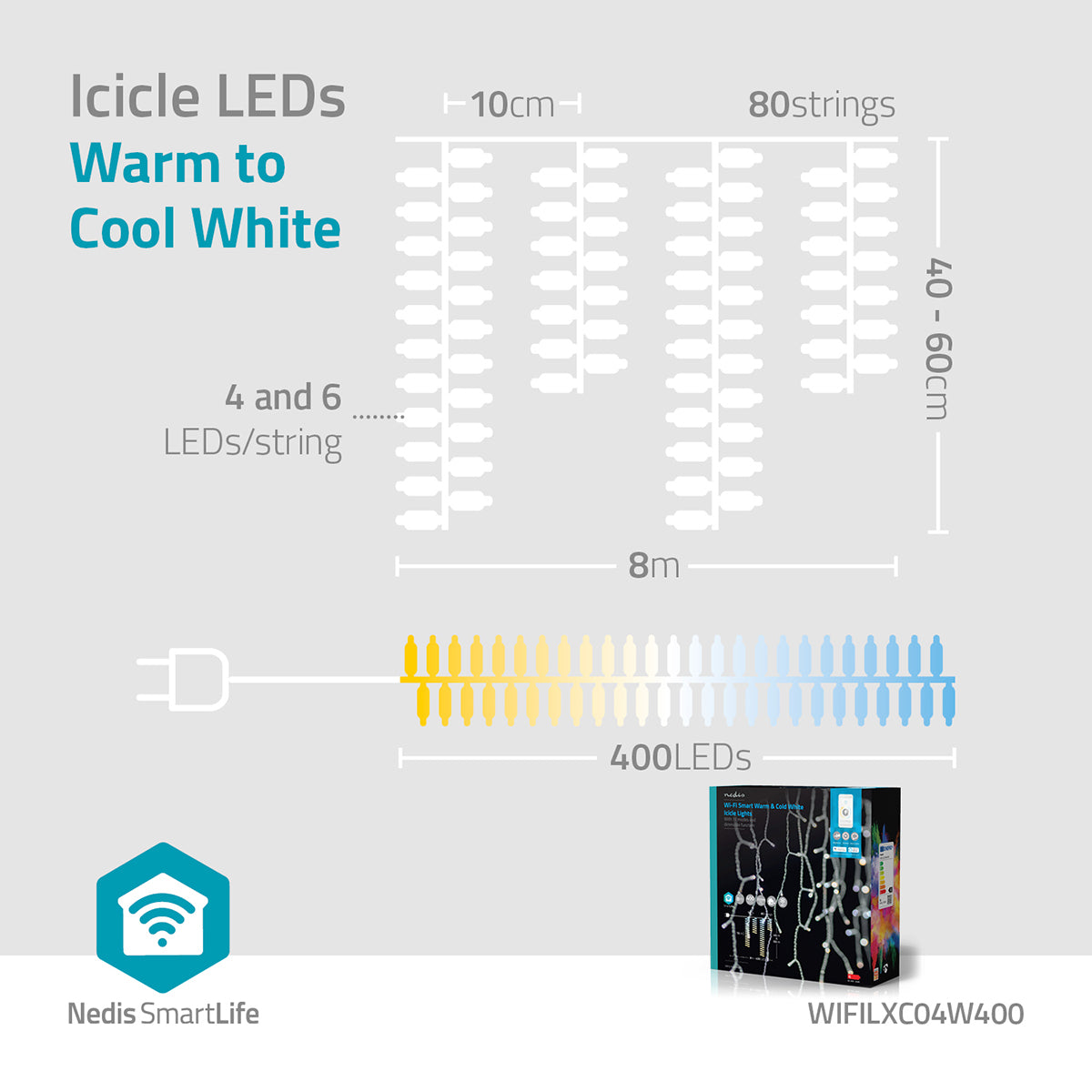 SmartLife Weihnachtsbeleuchtung | Eiszapfen | Wi-Fi | Warm bis kühlen weiß | 400 LED's | 8.00 m | Android™ / IOS