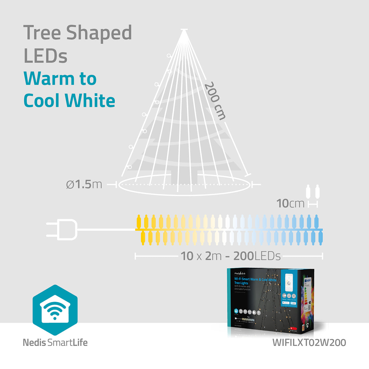 SmartLife Weihnachtsbeleuchtung | Baum | Wi-Fi | Warm bis kühlen weiß | 200 LED's | 20.0 m | 10 x 2 m | Android™ / IOS