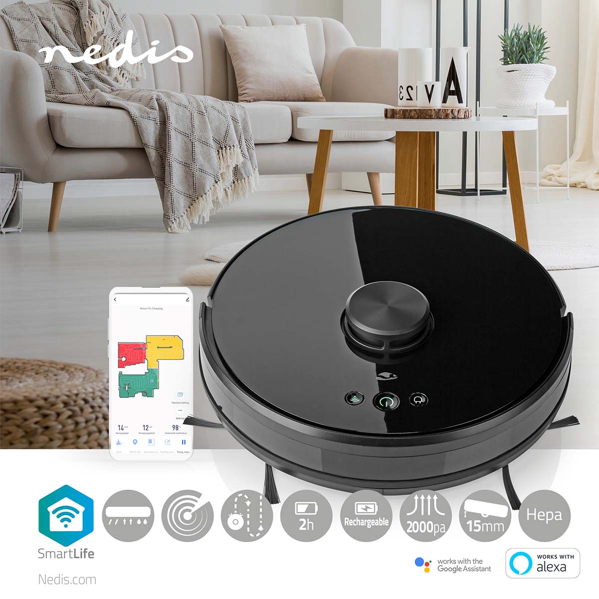 SmartLife Roboter-Staubsauger | Laser-Navigation | Wi-Fi | Kapazität Auffangbehälter: 0.6 l | Automatisches Laden | Maximale Betriebszeit: 120 min | Schwarz | Android™ / IOS