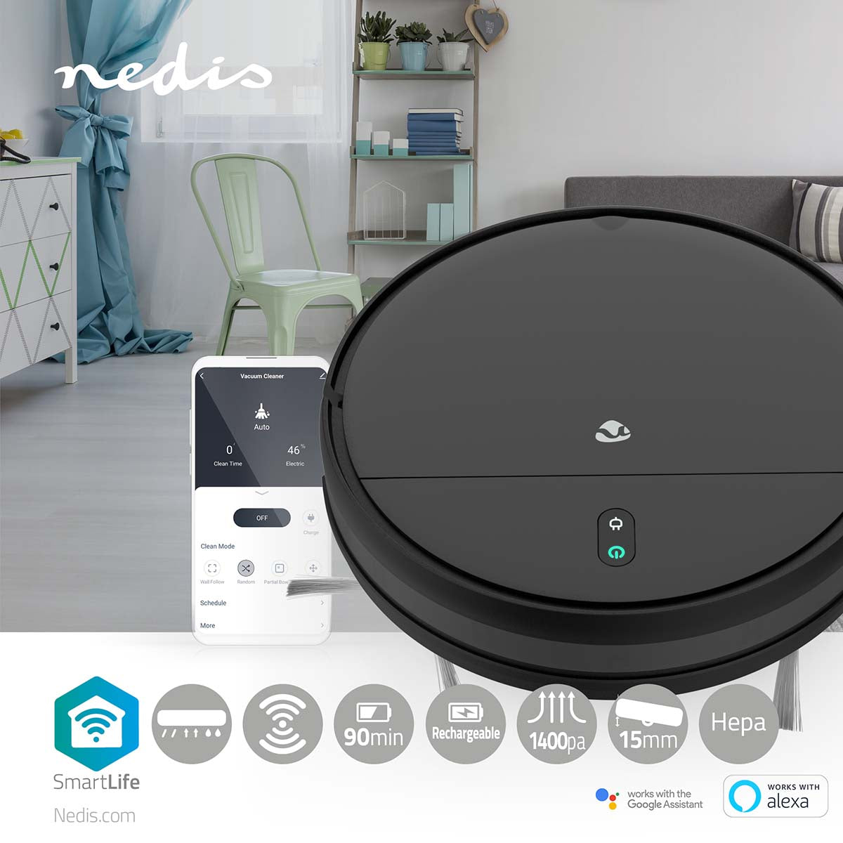 SmartLife Roboter-Staubsauger | Random | Wi-Fi | Kapazität Auffangbehälter: 0.2 l | Automatisches Laden | Maximale Betriebszeit: 90 min | Schwarz | Android™ / IOS