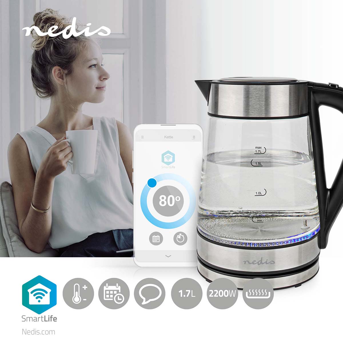 SmartLife Wasserkocher | Wi-Fi | 1.7 l | Glas | 40,60,70,80,90,100 °C | Temperaturanzeige | Um 360 Grad drehbar | Verdecktes Heizelement | Strix® Controller | Boil-dry protection | Android™ / IOS