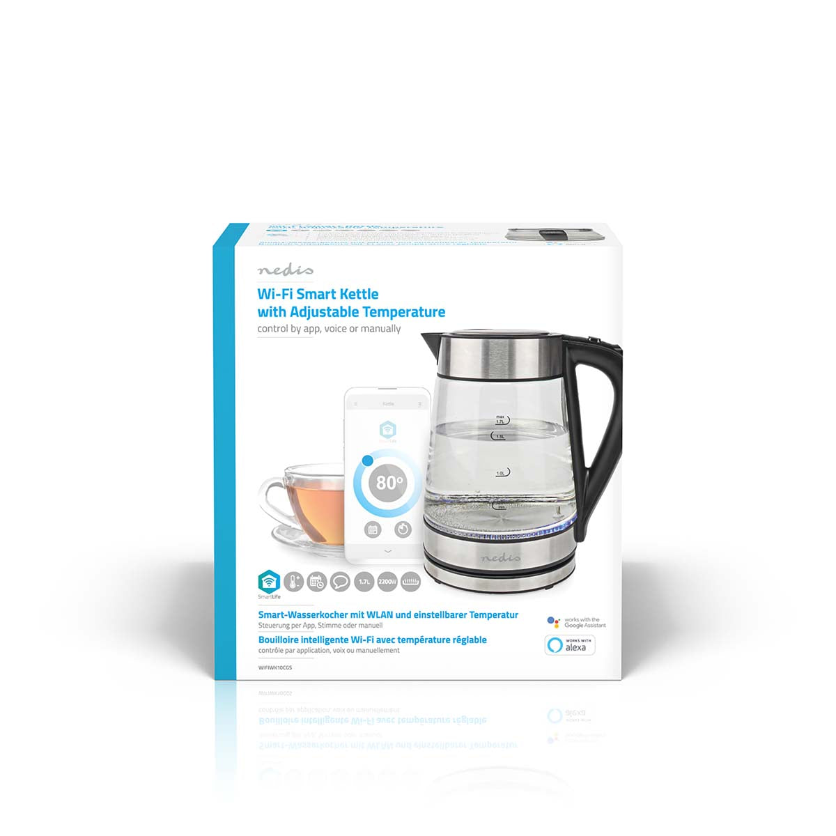 SmartLife Wasserkocher | Wi-Fi | 1.7 l | Glas | 40,60,70,80,90,100 °C | Temperaturanzeige | Um 360 Grad drehbar | Verdecktes Heizelement | Strix® Controller | Boil-dry protection | Android™ / IOS