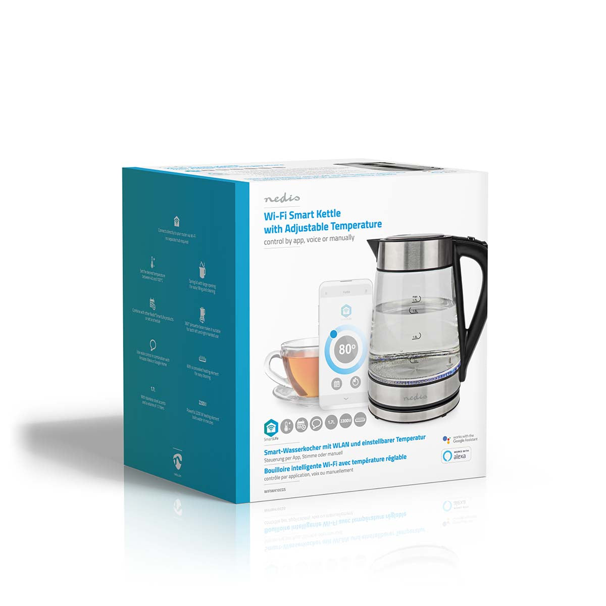 SmartLife Wasserkocher | Wi-Fi | 1.7 l | Glas | 40,60,70,80,90,100 °C | Temperaturanzeige | Um 360 Grad drehbar | Verdecktes Heizelement | Strix® Controller | Boil-dry protection | Android™ / IOS