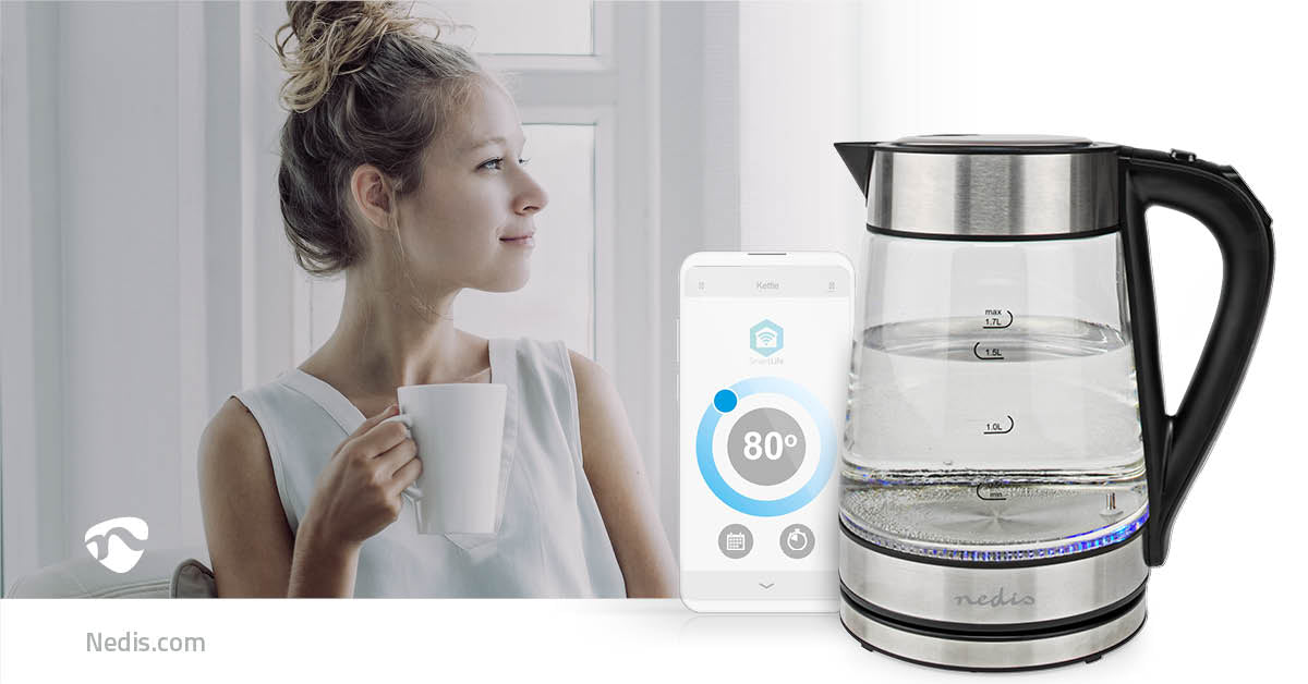 SmartLife Wasserkocher | Wi-Fi | 1.7 l | Glas | 40,60,70,80,90,100 °C | Temperaturanzeige | Um 360 Grad drehbar | Verdecktes Heizelement | Strix® Controller | Boil-dry protection | Android™ / IOS