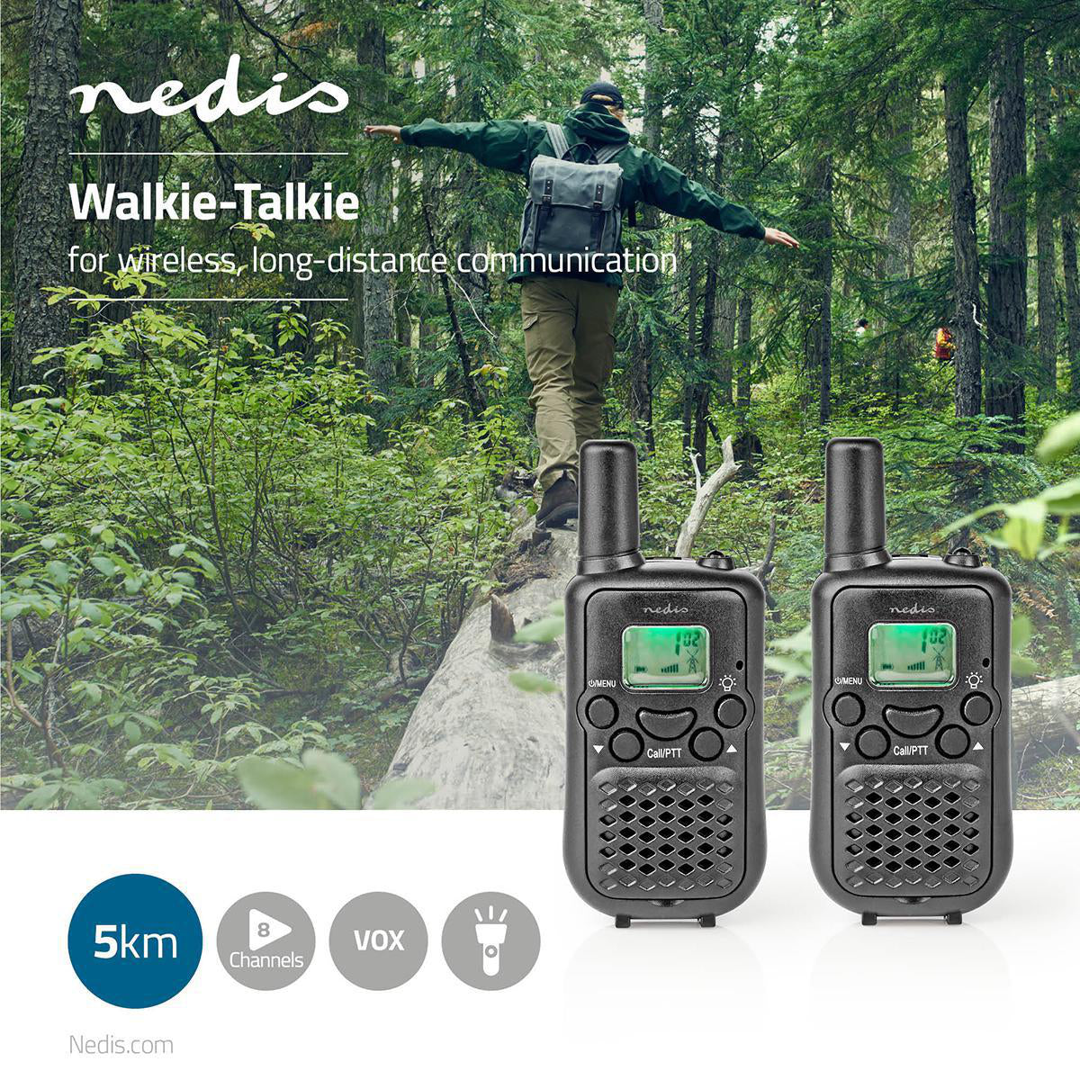 Walkie-Talkie-Set | 2 Hörer | Bis zu 5 km | Frequenzkanäle: 8 | PTT / VOX | Bis zu 2.5 Hours | Schwarz