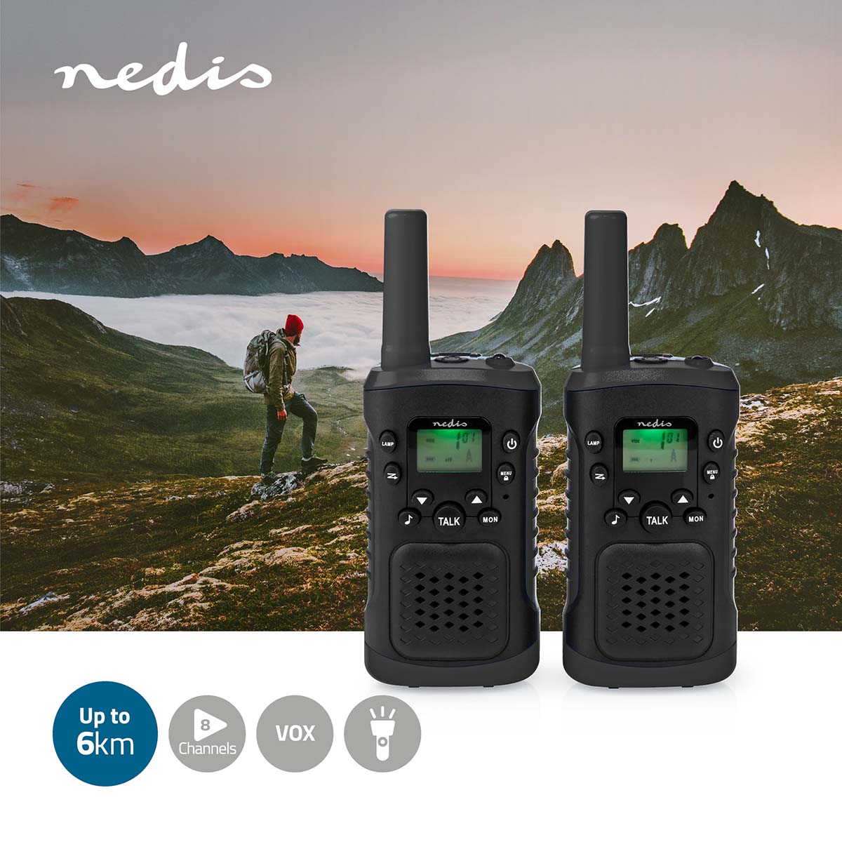 Walkie-Talkie-Set | 2 Hörer | Bis zu 6 km | Frequenzkanäle: 8 | PTT / VOX | Bis zu 3 Hours | Kopfhörerausgang | 2 Kopfhörer | Schwarz