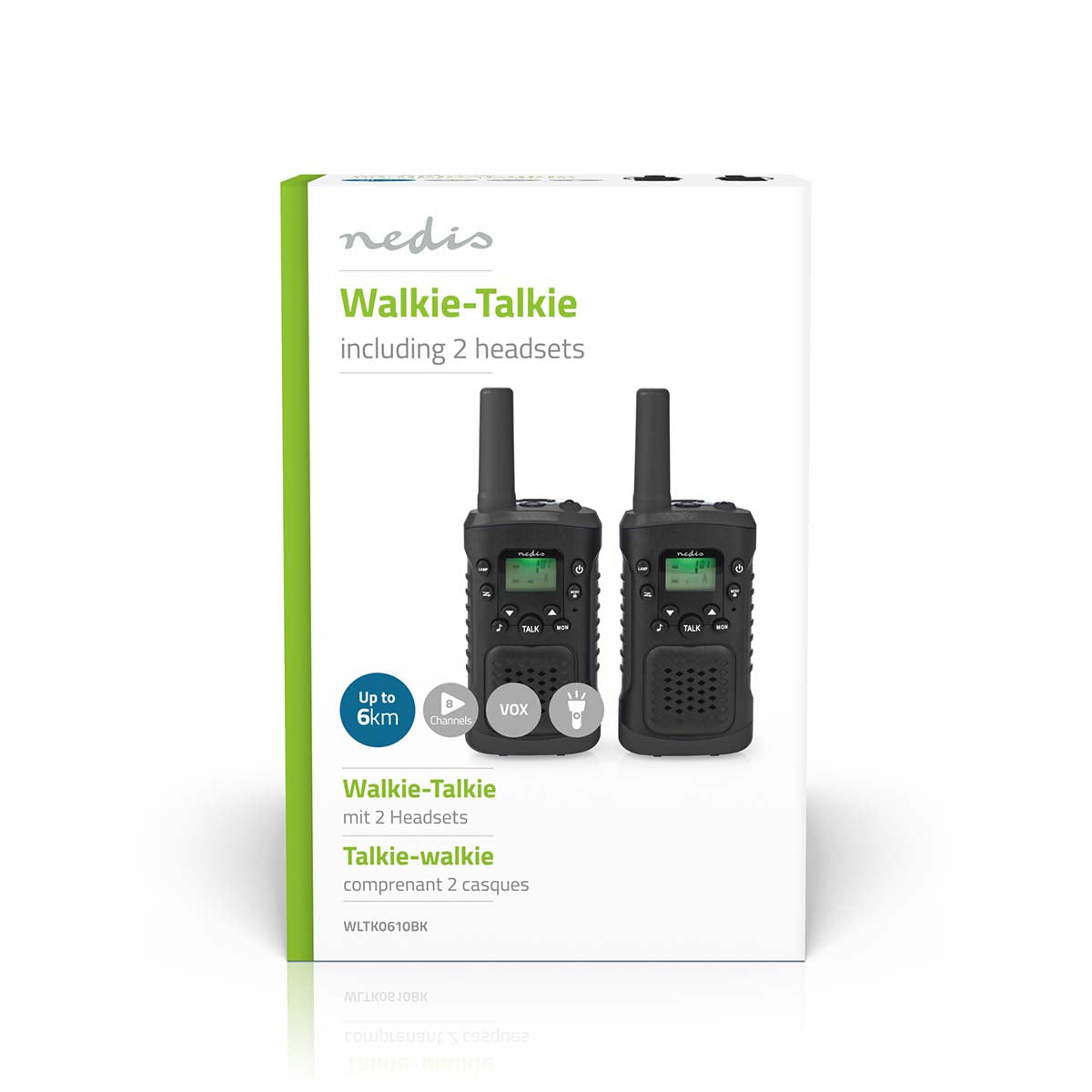 Walkie-Talkie-Set | 2 Hörer | Bis zu 6 km | Frequenzkanäle: 8 | PTT / VOX | Bis zu 3 Hours | Kopfhörerausgang | 2 Kopfhörer | Schwarz