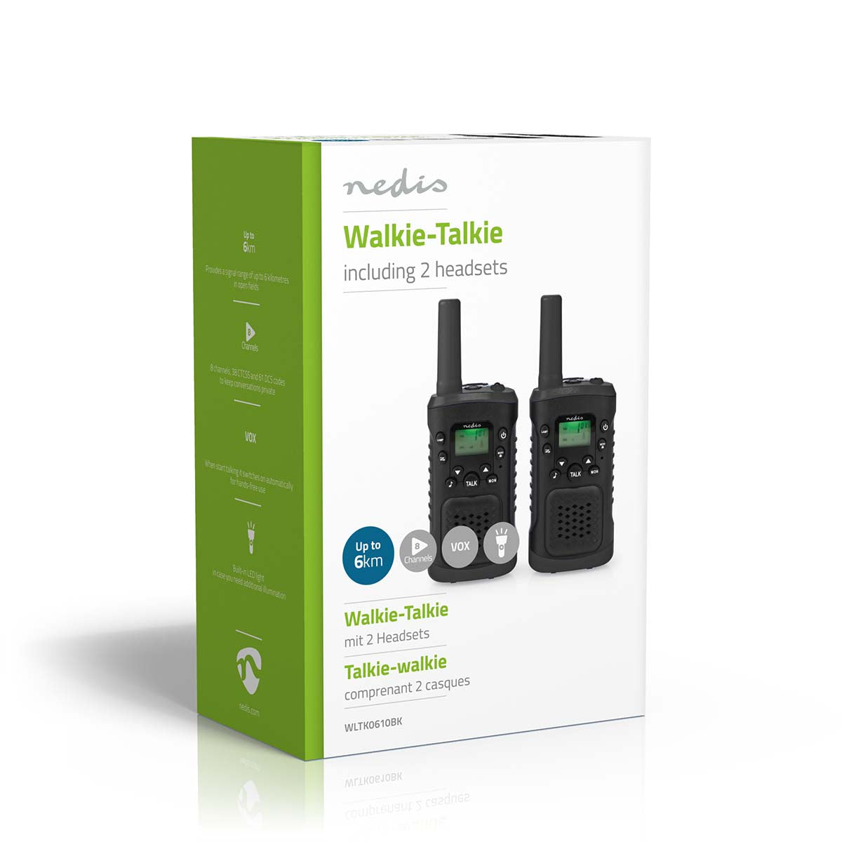 Walkie-Talkie-Set | 2 Hörer | Bis zu 6 km | Frequenzkanäle: 8 | PTT / VOX | Bis zu 3 Hours | Kopfhörerausgang | 2 Kopfhörer | Schwarz