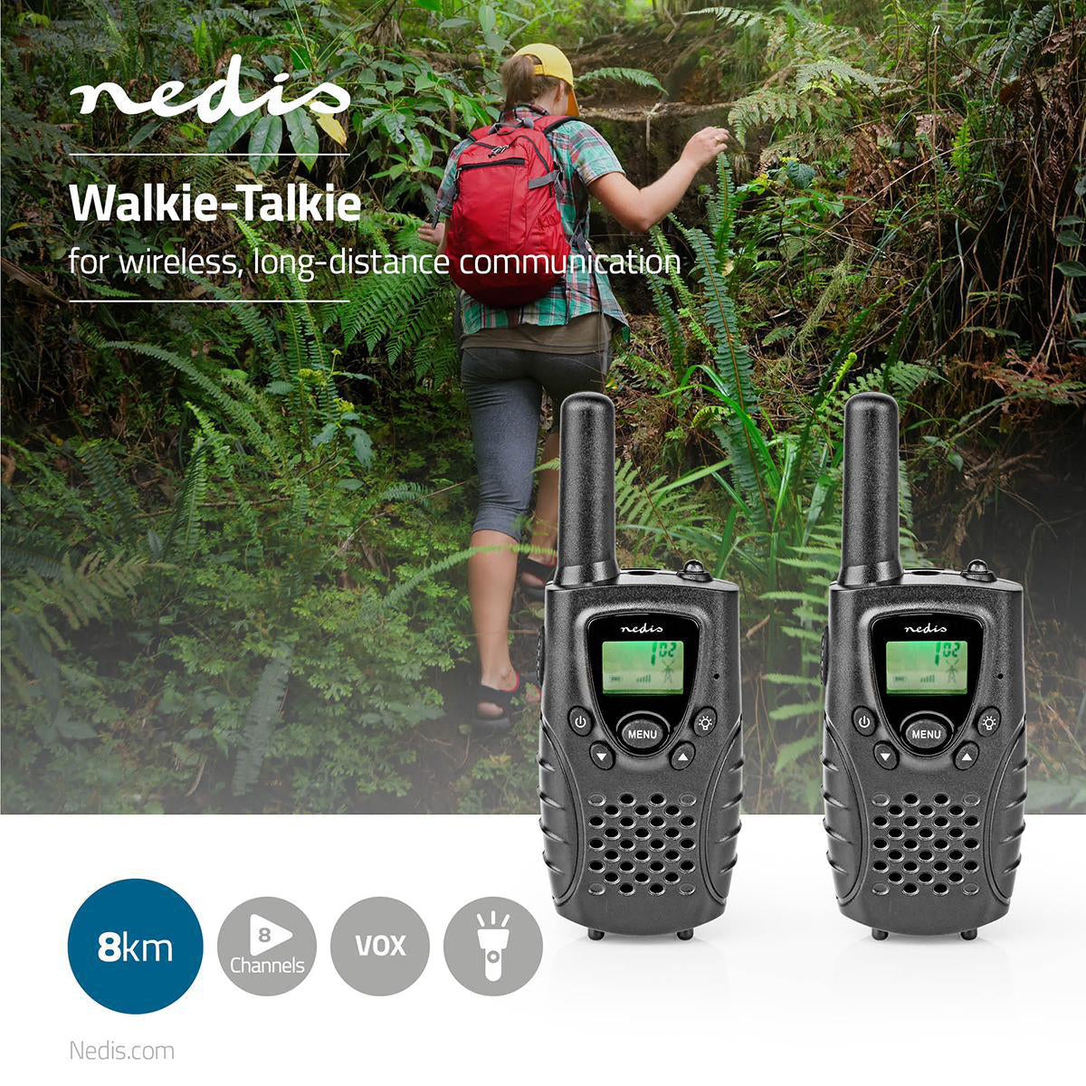 Walkie-Talkie-Set | 2 Hörer | Bis zu 8 km | Frequenzkanäle: 8 | PTT / VOX | Bis zu 2.5 Hours | Kopfhörerausgang | Schwarz