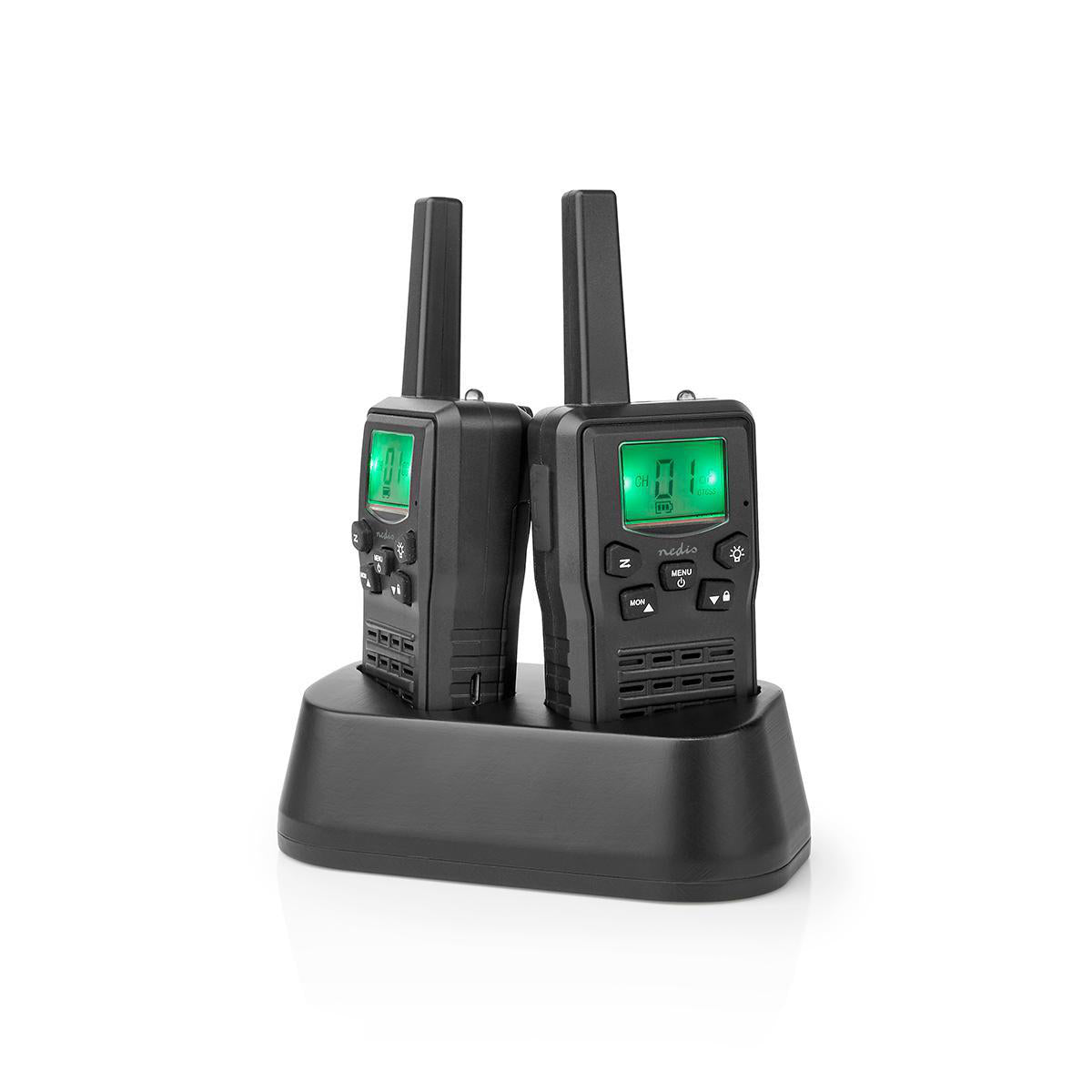 Walkie-Talkie-Set | 2 Hörer | Bis zu 10 km | Frequenzkanäle: 8 | PTT / VOX | Bis zu 6 Hours | Ladestation enthalten | Kopfhörerausgang | Schwarz