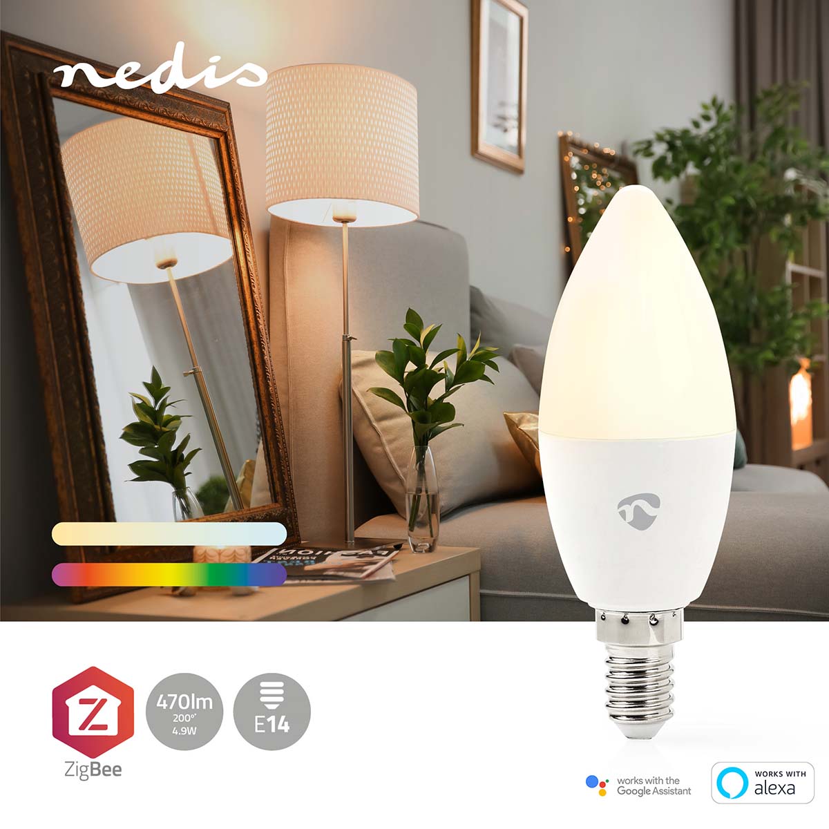 SmartLife Vollfärbige LED-Lampe | Zigbee 3.0 | E14 | 470 lm | 4.9 W | RGB / Warm bis kühlen weiß | 2200 - 6500 K | Android™ / IOS | Kerze | 1 Stück